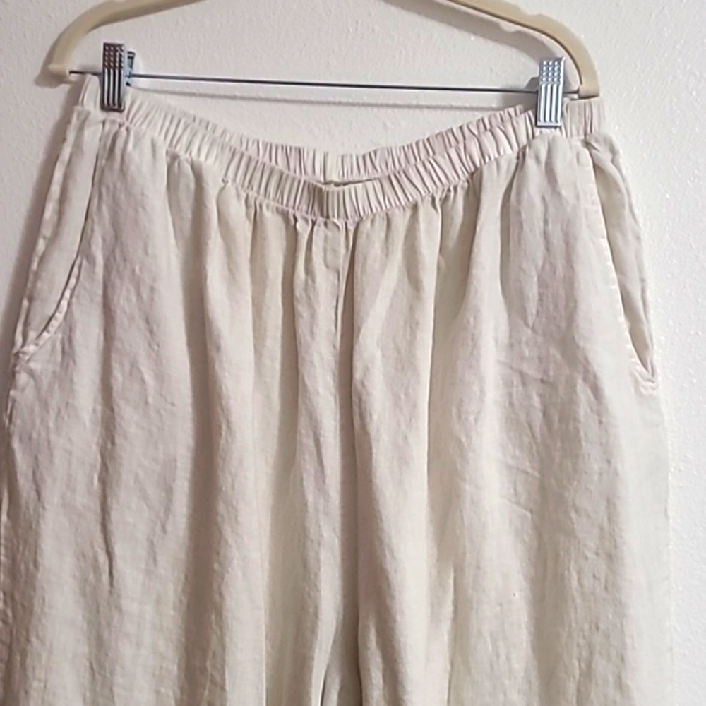 Flax 100% Linen Pants wide leg Crop Lagenlook Size 10 Eladtic Waistband Cream - Picture 3 of 7